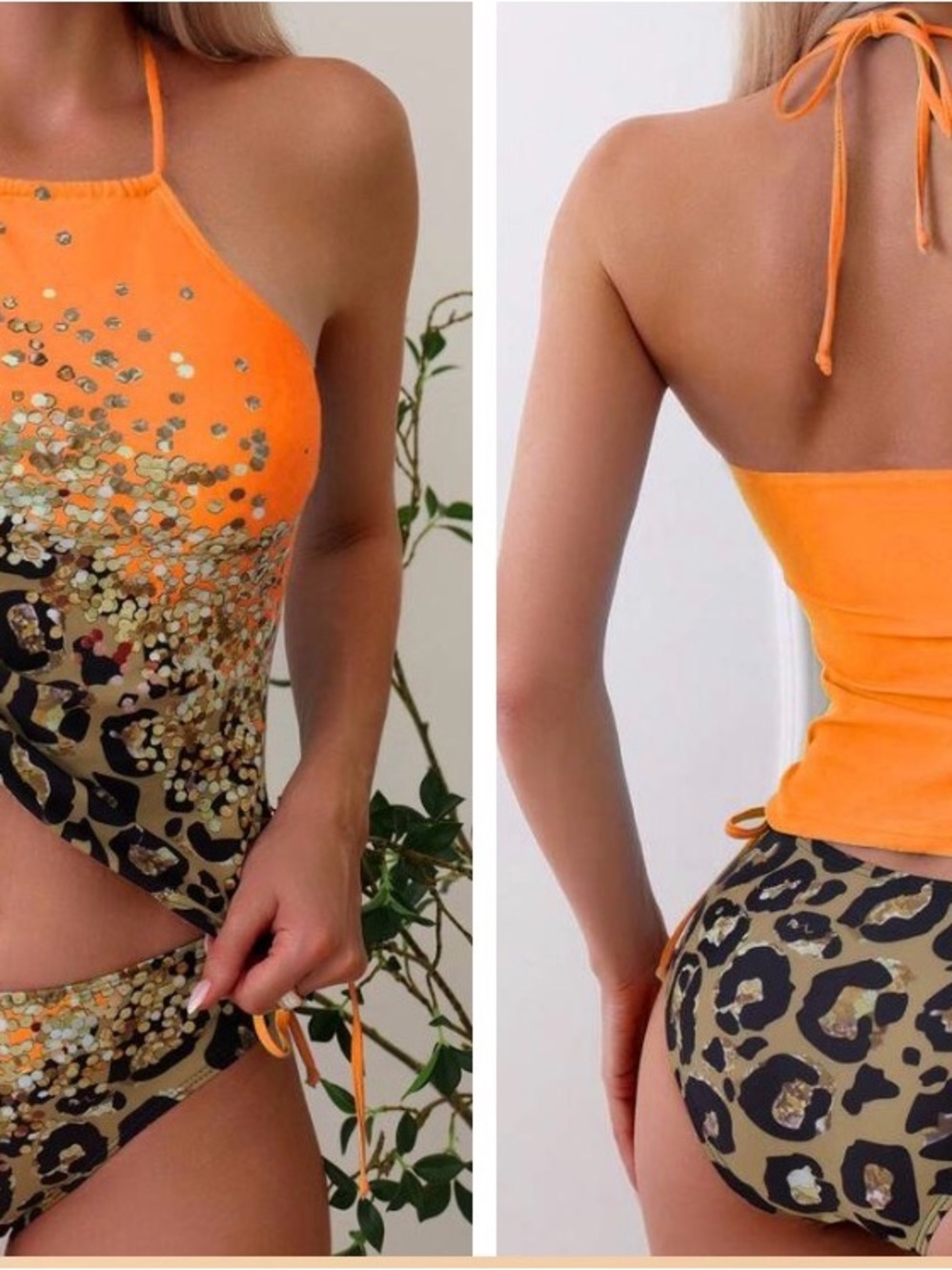 Orange Sequin Halter Leopard Bikini Set